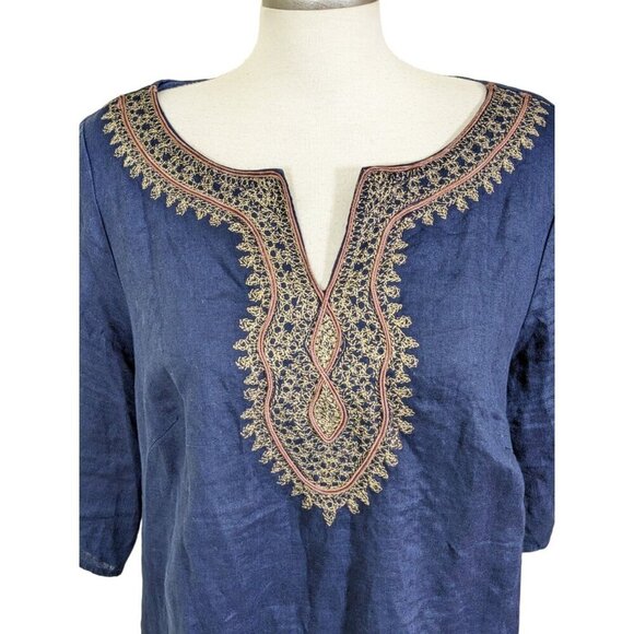 Saint Tropez West Womens Top 100% Linen Size 1X Navy Embroidered Elbow Sleeve - Picture 2 of 6